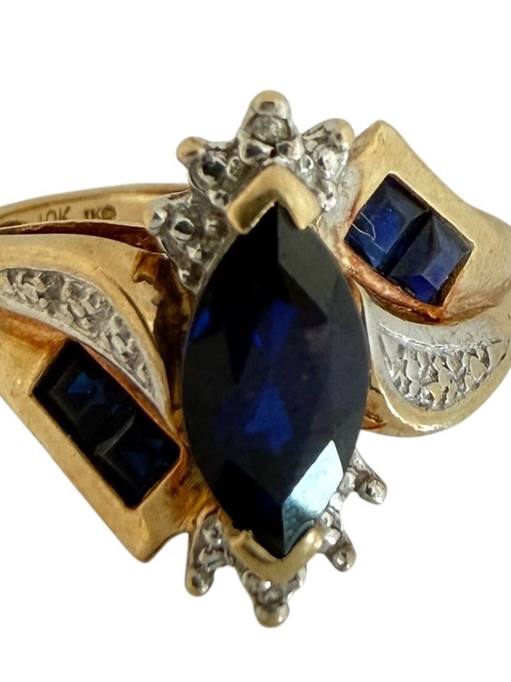 10KT Two Tone Gold with Natural Diamond and Lab Sapphire Size 7 Ring